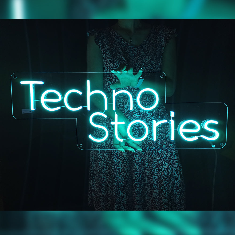 Neon sign for streaming "Techno stories"