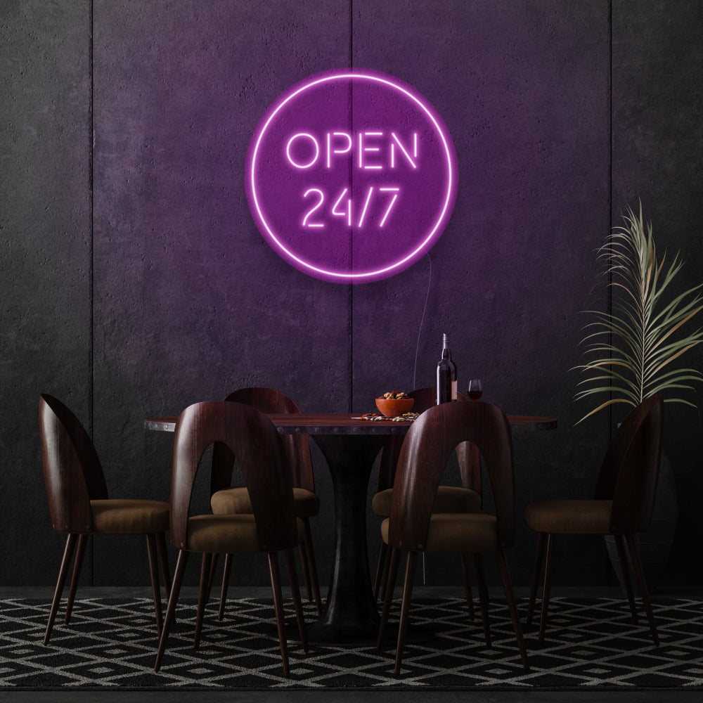 Open 24/7 Round LED Neon Sign